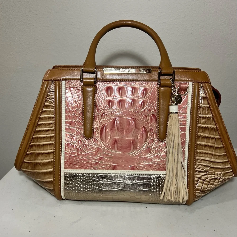 Brahmin Arden Pink and Brown Leather Satchel 15.5 x 9.5 x 5.0. LIKE NEW WOT - Picture 1 of 9